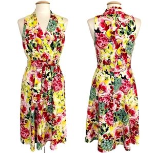 London Times Vibrant Florals Yellow, Pink  Green V Neckline Belted Midi Dress 10